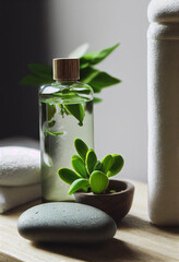 Relax composition massage stone, white pump lotion bottle,green plant on pine wood table, spa, clean