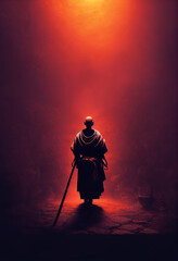 ascetic monk samurai android, The Darkest Dungeon. vfx, postprocessing, wide perspective, dramatic lights, dust particles, ultra detailed, micro details, grand composition, cinematic.ai generated art