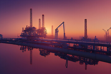 Obraz premium big oil rig at dawn on a clear day panoramic, beautiful, green energy clean concept, save the world.