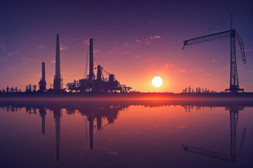 Obraz premium big oil rig at dawn on a clear day panoramic, beautiful, green energy clean concept, save the world.