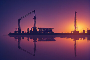 Obraz premium big oil rig at dawn on a clear day panoramic, beautiful, green energy clean concept, save the world.