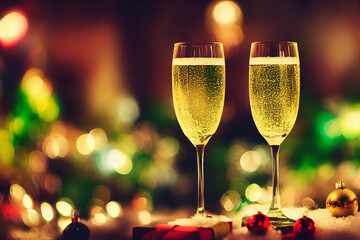 Christmas composition with champagne glasses , baubles, and snow, bright colours, bokeh lights