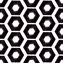 Honeycomb seamless pattern. Hexagon motif. Natural organic texture. Freehand brush grunge design classic geometric print