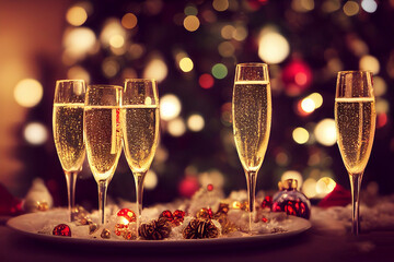 Christmas composition with champagne glasses , baubles, and snow, bright colours, bokeh lights