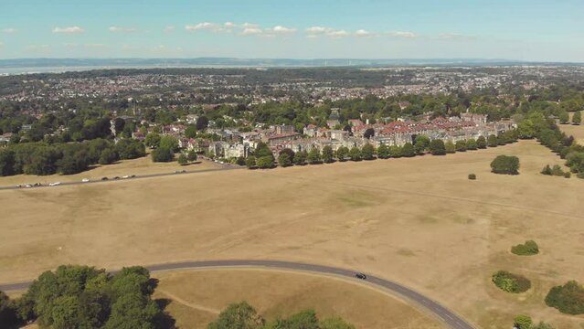 Drone footage of houses and green park space in Clifton, Bristol
