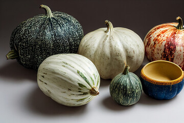 different gourd colours and shapes side by side on a studio minimal photoshoot, dark background