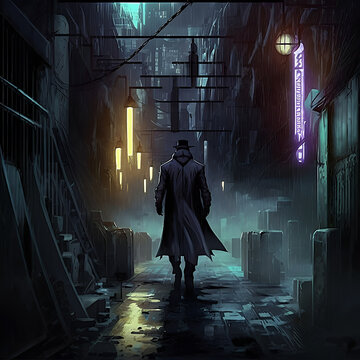 man in dark coat cyberpunk