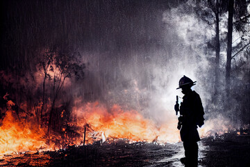 Obraz premium firefighter silhouette in the rain with a fire and smoke in the background, portrait, epic scene
