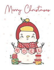 cute kawaii Christmas snowman, hand-drawn vector illustration that brings joy and holiday cheer. Perfect for greeting cards, ornaments, and seasonal designs.
