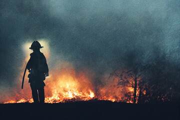 firefighter silhouette in the rain with a fire and smoke in the background, portrait, epic scene
