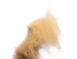Sand flying explosion, Golden sand wave explode. Abstract sands cloud fly. Yellow colored sand splash throwing in Air. White background Isolated high speed shutter, throwing freeze stop motion, png