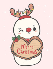 cute happy Christmas snowman adorned with reindeer antler holding wooden board sign heart shape Merry Christmas doodle cartoon drawing vector, idea for greeting card.