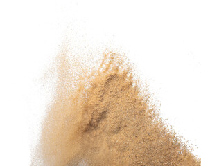 Sand flying explosion, Golden sand wave explode. Abstract sands cloud fly. Yellow colored sand splash throwing in Air. White background Isolated high speed shutter, throwing freeze stop motion, png - obrazy, fototapety, plakaty