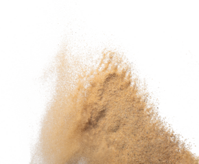 Sand flying explosion, Golden sand wave explode. Abstract sands cloud fly. Yellow colored sand splash throwing in Air. White background Isolated high speed shutter, throwing freeze stop motion, png