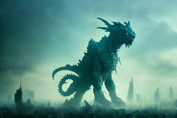 giant beast above city, giant kaiju, creature concept, kaiju, golem, sci-fi monster, movie frame,...