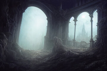 Haunted House on top of a hill, Fantasy, Chiaroscuro, Hyper detailed, Palladian architecture, Dramatic Atmosphere, Adumbral, Supernatural light, Spooky, Daunting, Mysterious. AI GERENATED ART