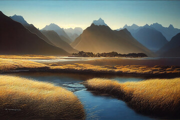 Epic New Zealand landscape, Fiordland national park,Beautiful lighting,Volumetric lighting,mountains - obrazy, fototapety, plakaty
