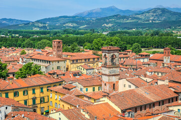 Above medieval old town of Lucca, Tuscany, Italy