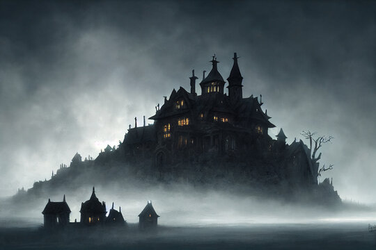 Haunted House on top of a hill, Fantasy, Chiaroscuro, Hyper detailed, Palladian architecture, Dramatic Atmosphere, Adumbral, Supernatural light, Spooky, Daunting, Mysterious. AI GERENATED ART
