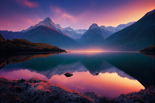 Epic New Zealand landscape, Fiordland national park,Beautiful lighting,Volumetric lighting,mountains