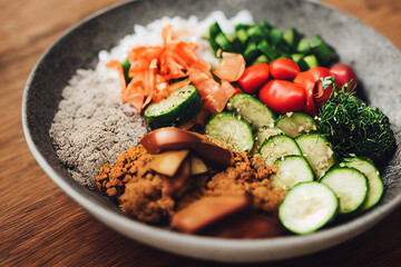 Buddha bowl with mixed vegetables, healthy and nutritious vegan flour, healthy food concept, poke.