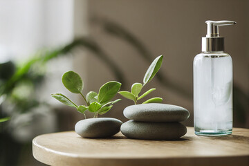Obraz na płótnie Canvas Relax composition massage stone, white pump lotion bottle,green plant on pine wood table, spa, clean