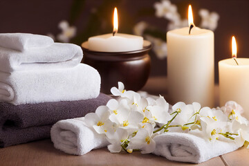 Fototapeta na wymiar Natural relaxing spa composition, massage table in wellness center with towels,jasmine flowers salt