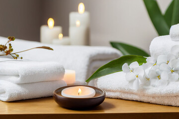 Natural relaxing spa composition, massage table in wellness center with towels,jasmine flowers salt