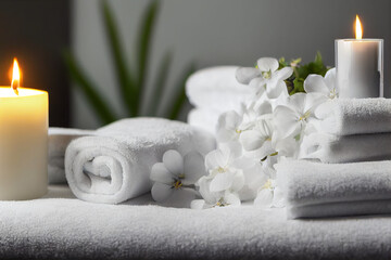 Obraz na płótnie Canvas Natural relaxing spa composition, massage table in wellness center with towels,jasmine flowers salt