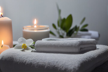 Natural relaxing spa composition, massage table in wellness center with towels,jasmine flowers salt