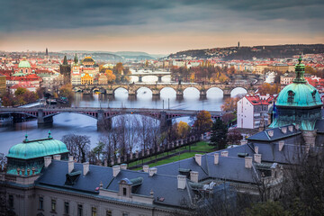 Fototapeta na wymiar Above Prague old town bridges and river Vltava at dawn, Czech Republic