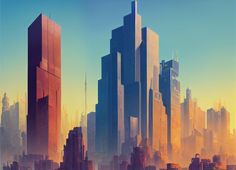Futuristic city of giant skyscrapers, storybook illustration, sharp edges, cel shaded, vector illustration, layered, ai generated art work.