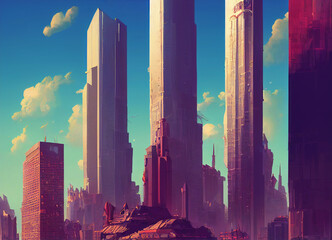 Obraz premium Futuristic city of giant skyscrapers, storybook illustration, sharp edges, cel shaded, vector illustration, layered, ai generated art work.