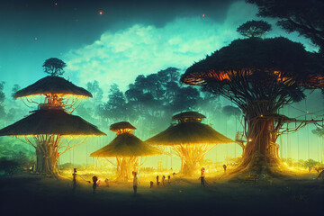 Fototapeta na wymiar Tree House Village at Night, Forest, Glowing lights, Fireflies, Rope bridges, Epic composition, ai generated art