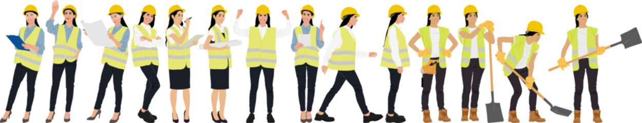 Hand-drawn set of female workers with helmets and vests. Vector flat style illustration isolated on white. Full length view