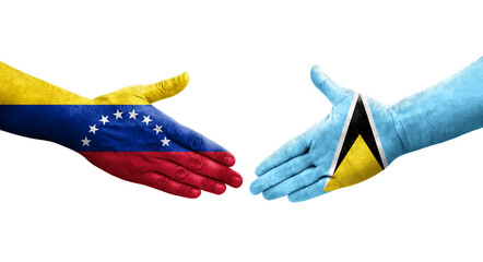 Handshake between Saint Lucia and Venezuela flags painted on hands, isolated transparent image.