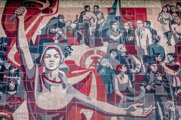 DDR communist propaganda mural mosaic on the Dresden Kulturpalast, Germany - obrazy, fototapety, plakaty