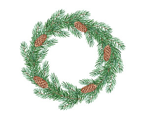 Watercolor christmas spruce wreath with cones isolated.