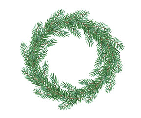 Watercolor christmas spruce wreath isolated.