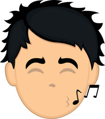 vector illustration of the face of a cartoon man whistling with musical notes on his lips