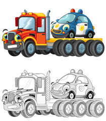 cartoon tow truck driving with load other car isolated