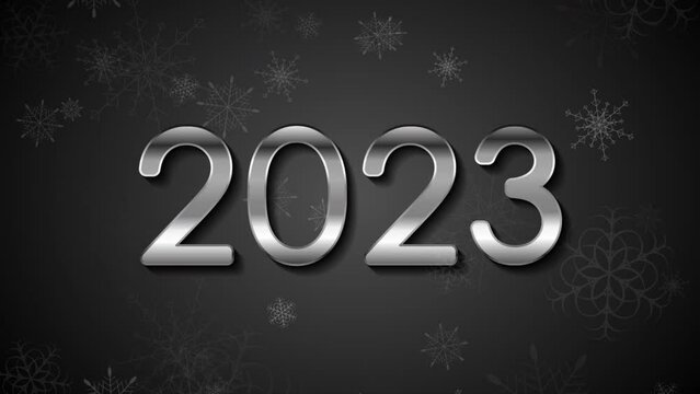 Silver metallic New Year 2023 lettering and black snowflakes abstract background. Seamless looping Christmas motion design. Video animation Ultra HD 4K 3840x2160