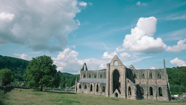 Time lapse of clouds over ancient ruins of Tintern Abbey, Wales, UK