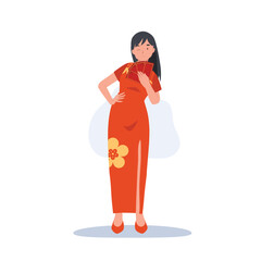 Chinese New Year concept. Woman in chinese traditional dress holding red envelope. Flat vector cartoon character illustration.