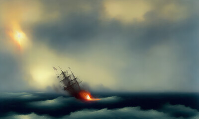 Fototapeta na wymiar A burning ship sinks into the sea