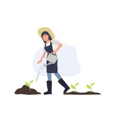 Female farmer watering garden. Female gardener works, farming, grows vegetables and waters. Agriculture landscape and farmer vector concept. © Thidarat