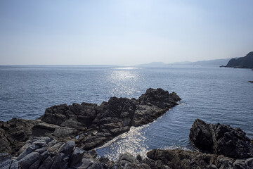 Beautiful rock and bolders on the seashore along the coastline 

