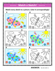 Match to sketch game or visual puzzle with butterflies. Answer included.
