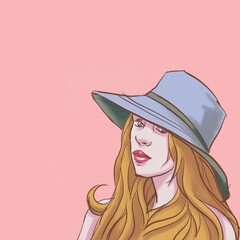 woman in a hat on pink digital art for card illustration background