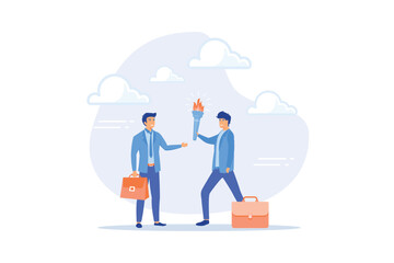 Successor plan, baton pass or transfer to new chosen leader, change new CEO or collaboration to achieve goal and win business competition concept, flat vector modern illustration - obrazy, fototapety, plakaty